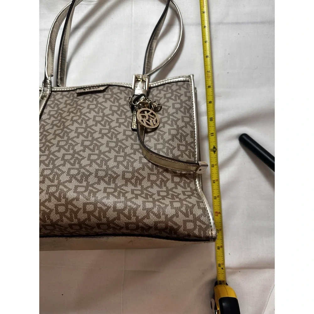 DKNY Repeat Gold Tote Bag Purse Beige w/ Brown Monogram in excellent cond 1990's